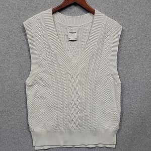 ABERCROMBIE & FITCH Women's Sz Large White Cable V-neck Sweater Vest Preppy EUC